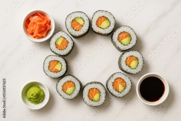 Obraz Delicious salmon avocado sushi rolls circle arrangement
