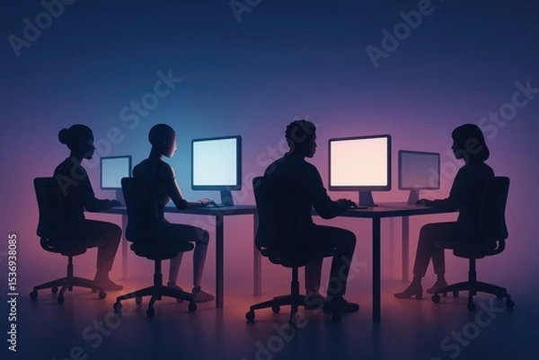 Obraz Diverse team working late on computers in dark office