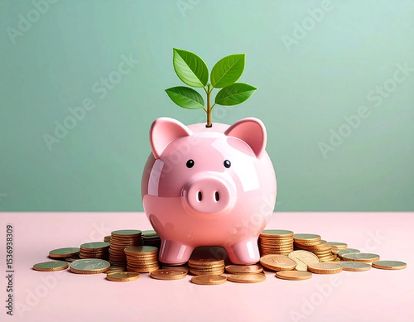 Fototapeta Investment strategies for savings growth piggy bank surrounded by coins in a tranquil environment showcasing financial prosperity