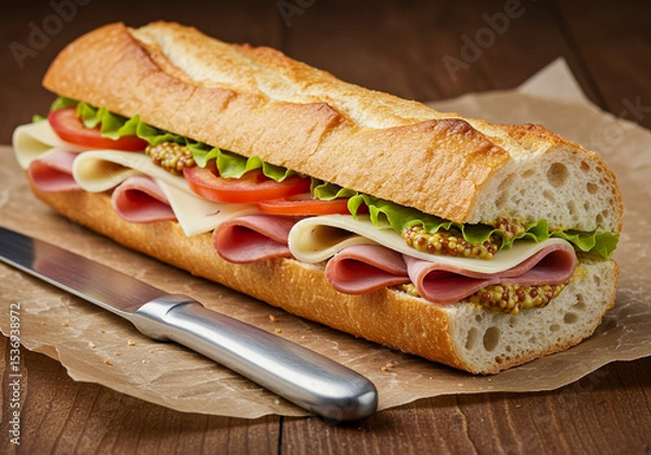 Fototapeta Crunchy baguette sandwich with ham, cheese, and fresh greens. Delicious deli-style lunch option presented on rustic parchment paper.