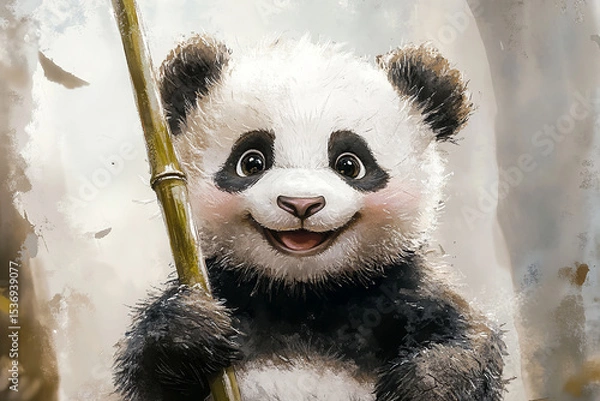 Fototapeta Playful baby panda holding bamboo in lush forest setting with happy expression