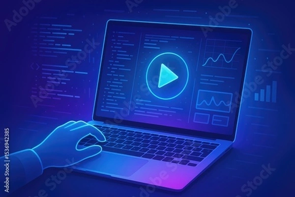 Obraz Laptop screen showing video player and data analytics