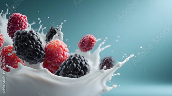 Fototapeta Juicy Blackberries and Raspberries Splashing into Thick White Yogurt or Milk on a Soft Teal Background