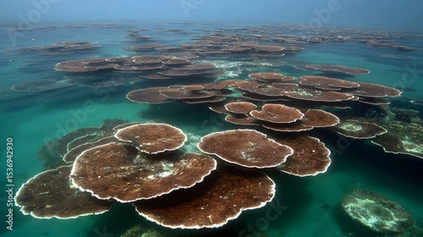 Fototapeta Expansive Underwater View of a Healthy Coral Reef with Numerous Table Corals Thriving in Clear Turquoise Water