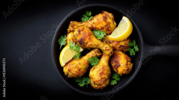 Obraz Skillet filled with golden roasted chicken drumsticks garnished with lemon wedges and cilantro