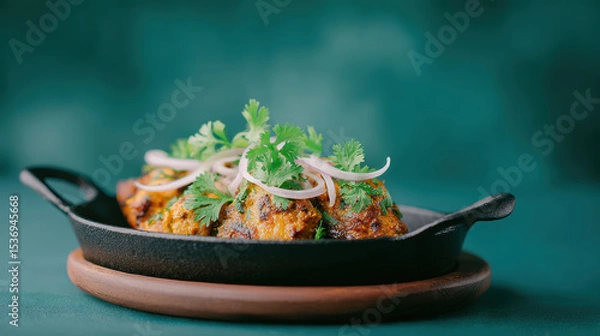 Obraz Savory meatballs garnished with fresh cilantro and onion slices in black skillet