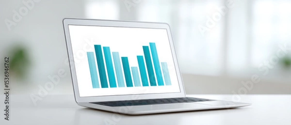 Obraz Laptop displaying bar chart with blue columns on screen, set in bright office environment