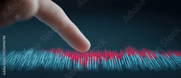 Obraz Finger interacts with digital graph displaying fluctuating red and blue lines, symbolizing data analysis