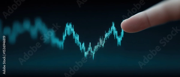 Fototapeta Finger points at glowing digital graph line on dark background, symbolizing data analysis