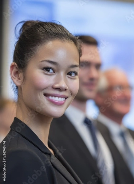 Fototapeta Asian professional leads a diverse team in meeting around a table, engaging in strategic discussion and fostering corporate success through modern workplace collaboration and technology integration