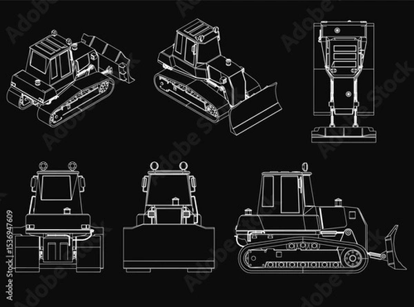 Fototapeta Detailed bulldozers in a set, each with unique designs and bright colors, standing out against a black background. The illustration highlights heavy machinery features like tracks, blades