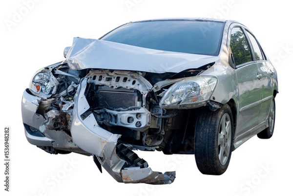 Fototapeta Car crash, Front view of gray sedan car get damaged by accident on the road. damaged cars after collision. isolated on transparent background. PNG File