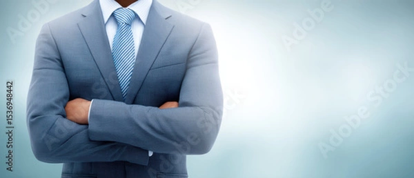 Obraz Confident businessman in gray suit with arms crossed against blurred background