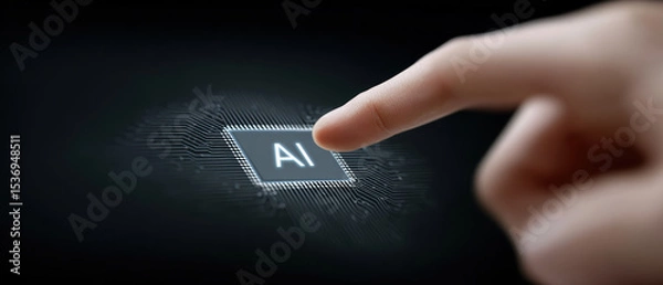 Obraz Finger touching glowing AI button on dark digital interface, symbolizing technology