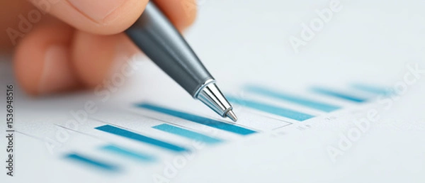 Obraz Hand holding pen points at blue bar graph on paper, indicating analysis