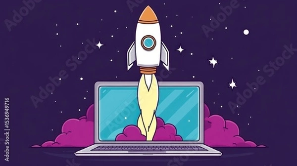 Obraz Rocket launching from laptop, starry night