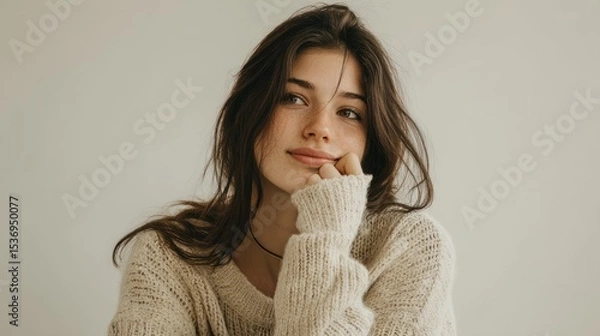 Fototapeta A young woman with long, dark hair, wearing a loose-fitting, cream-colored knit sweater, sits thoughtfully with her chin resting on her hand. She has a soft expression and appears in a well-lit room.
