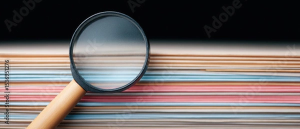 Obraz Magnifying glass rests on stack of colorful documents, symbolizing scrutiny and analysis