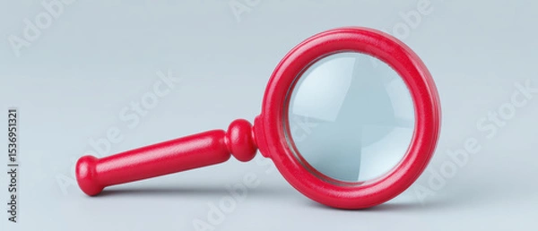 Obraz Red magnifying glass with wooden handle lies on light gray background