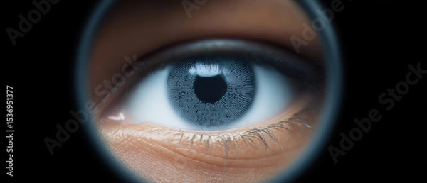 Fototapeta Close up of blue eye looking through circular frame, creating focused and intense gaze