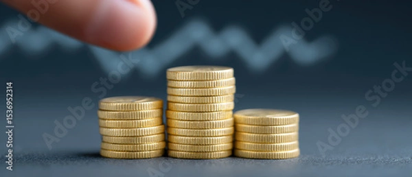 Obraz Three stacks of gold coins with finger pointing, symbolizing financial growth