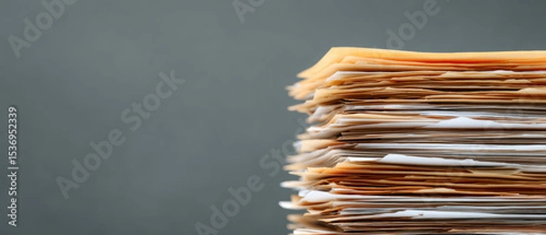 Fototapeta Stack of documents and papers is neatly arranged against plain background