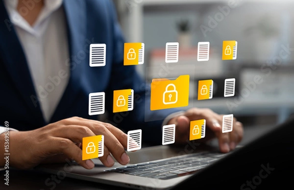Fototapeta Businessman using laptop to access secure digital folder and document, Cybersecurity, Data privacy, Protected information. Concept of safe file management, encryption,modern digital security systems