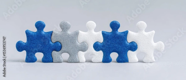 Fototapeta Five interlocking puzzle pieces in blue, gray, and white symbolize teamwork and unity