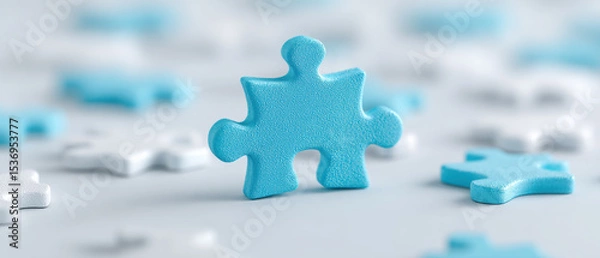 Obraz Blue puzzle piece stands out among scattered white pieces, symbolizing uniqueness and individuality