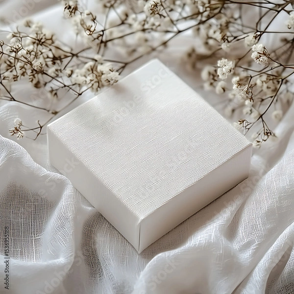 Fototapeta Delicate White Box Displayed on Soft Fabric with Baby's Breath Flowers
