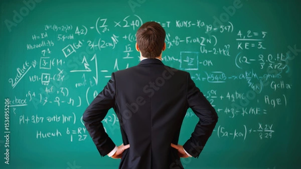Fototapeta Rear view of a person in a suit stands with hands on hips, facing a green chalkboard filled with complex mathematical equations and formulas. Problem solving and deep contemplation process