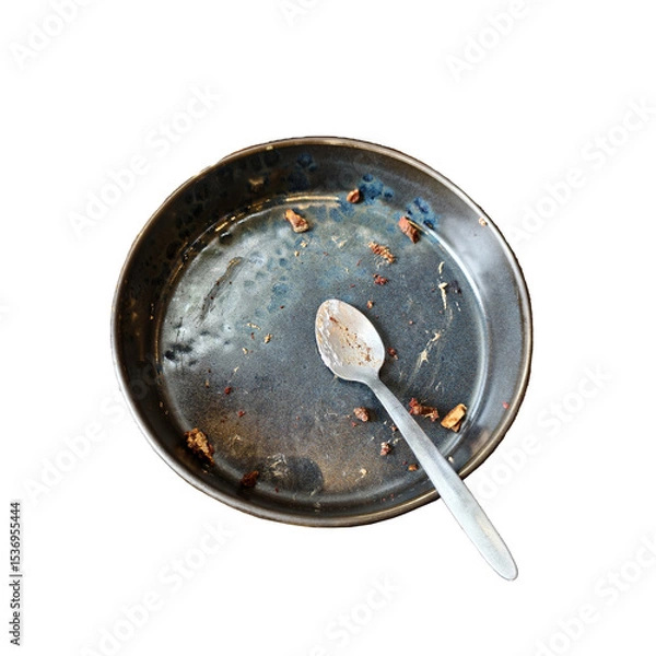 Fototapeta Empty Dish with remnants: The remnants of a delicious meal linger in an empty dish, a spoon resting amidst the subtle traces of a satisfying culinary experience.