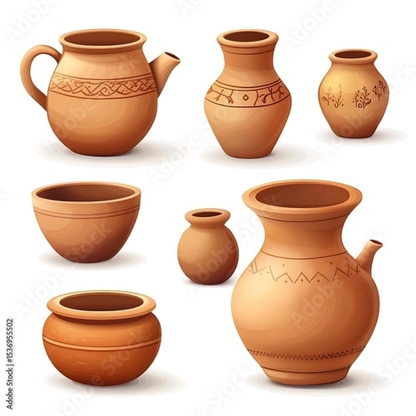 Fototapeta Set of clay pots. image illustration isolated on a white background