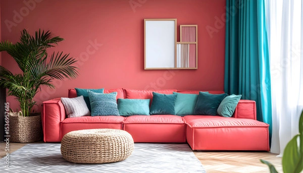 Obraz Modern interior room illustration. Pink sectional sofa with turquoise pillows, green plants against magenta and turquoise walls. Bright sunlight from window. Cozy rug on floor