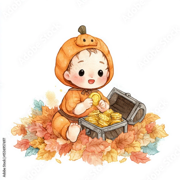 Fototapeta Child in pumpkin costume explores treasure chest filled with coins among colorful autumn leaves