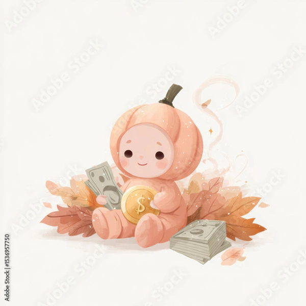 Fototapeta Cute pumpkin character sitting among autumn leaves with money in hand during fall season