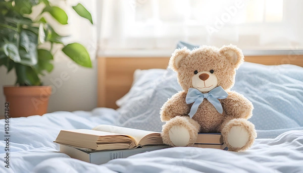 Obraz Cute brown teddy bear sitting atop stacked books on bed. Bedroom interior with soft blankets, pillow. Concept of comfort, reading, education
