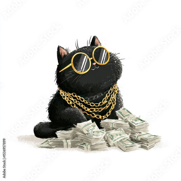Fototapeta Stylish black cat wearing sunglasses sits among stacks of cash with gold chains in a playful setting