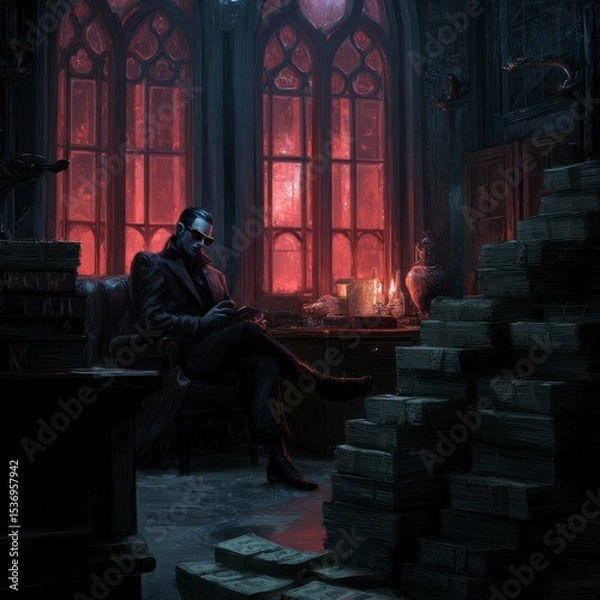 Fototapeta Mysterious figure seated in a dimly lit room surrounded by glowing candles and stacks of books