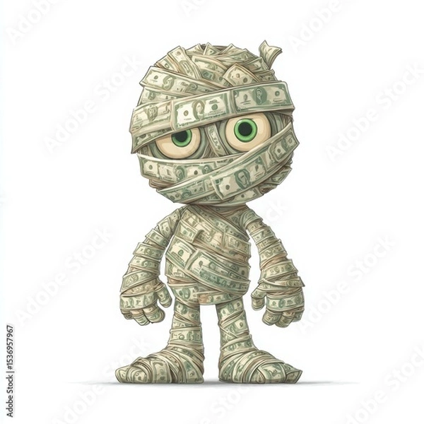 Fototapeta Money-themed character wrapped in dollar bills standing in a playful pose on a white background