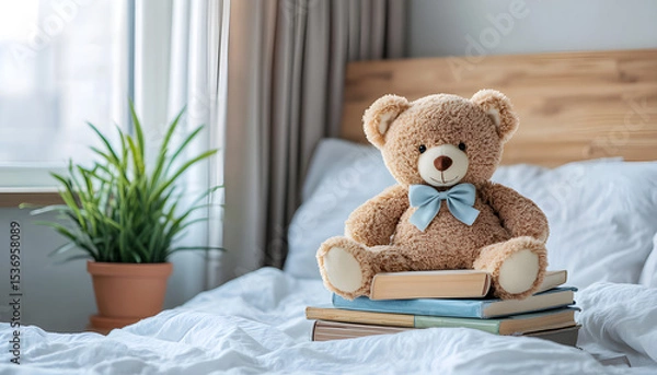 Obraz Cute brown teddy bear sitting atop stacked books on bed. Bedroom interior with soft blankets, pillow. Concept of comfort, reading, education