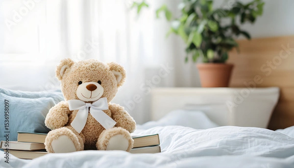 Obraz Cute brown teddy bear sitting atop stacked books on bed. Bedroom interior with soft blankets, pillow. Concept of comfort, reading, education