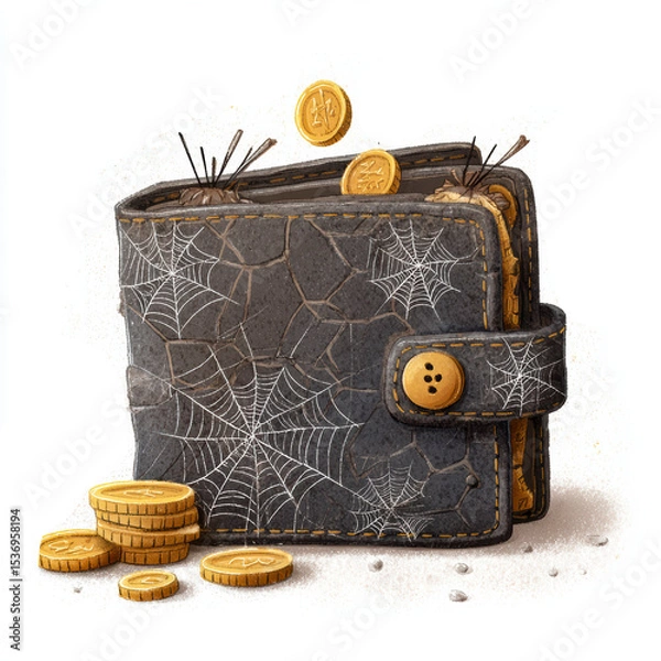 Fototapeta Wallet filled with coins and webs showcasing neglect and financial issues