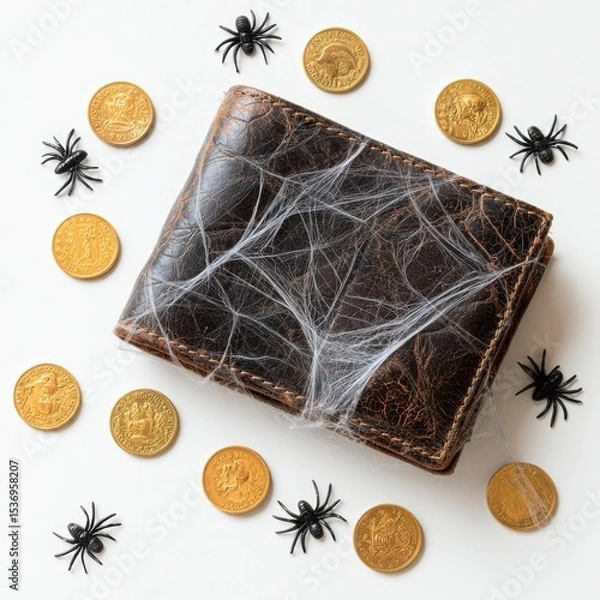 Fototapeta Decorative wallet surrounded by gold coins and artificial spiders for Halloween celebration in a cozy indoor setting