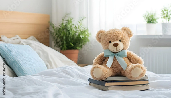 Obraz Cute brown teddy bear sitting atop stacked books on bed. Bedroom interior with soft blankets, pillow. Concept of comfort, reading, education