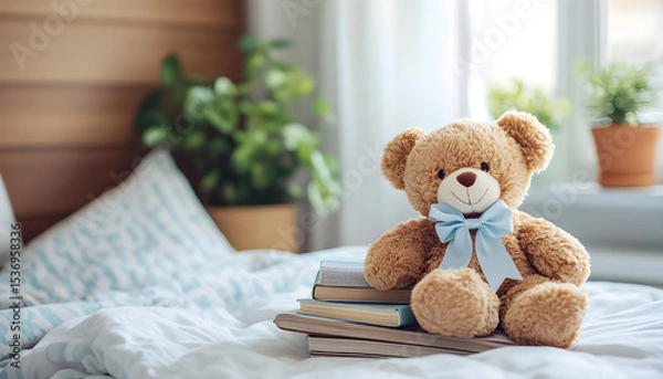 Obraz Cute brown teddy bear sitting atop stacked books on bed. Bedroom interior with soft blankets, pillow. Concept of comfort, reading, education