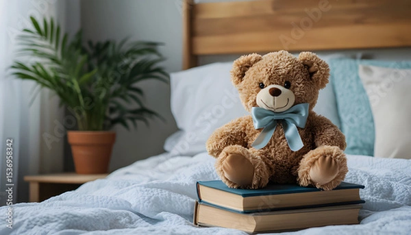Obraz Cute brown teddy bear sitting atop stacked books on bed. Bedroom interior with soft blankets, pillow. Concept of comfort, reading, education