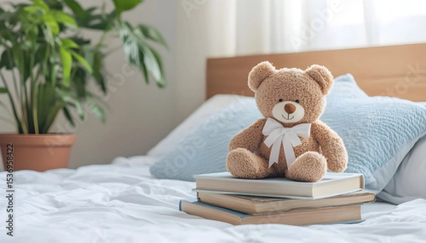 Obraz Cute brown teddy bear sitting atop stacked books on bed. Bedroom interior with soft blankets, pillow. Concept of comfort, reading, education