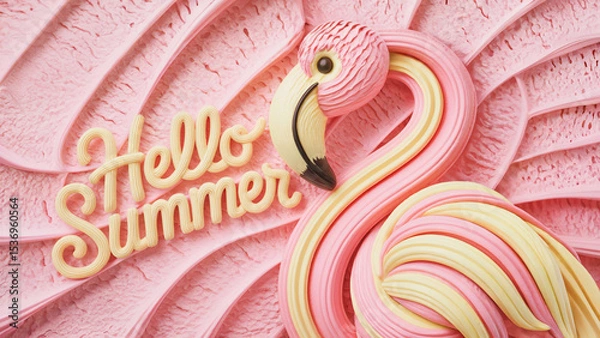 Obraz Hello Summer greeting text and flamingo made of ice cream or gelato. Pastel pink and yellow colors. 