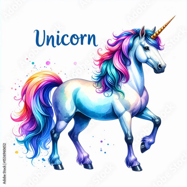 Fototapeta Colorful cartoon drawing of a unicorn, white backdrop. AI